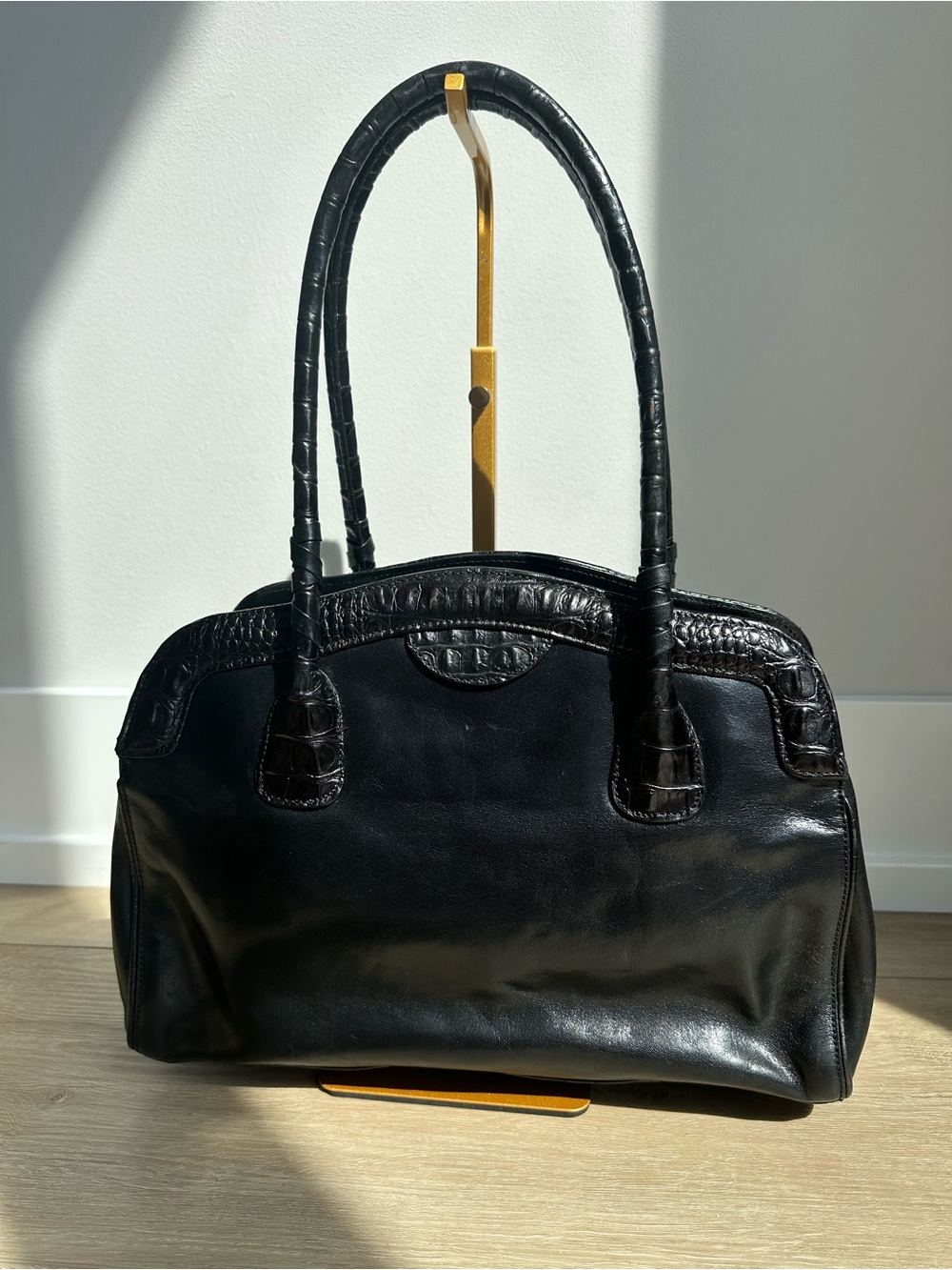 Vintage Brahmin Black Leather Handbag with Crocodile Embossed Trim